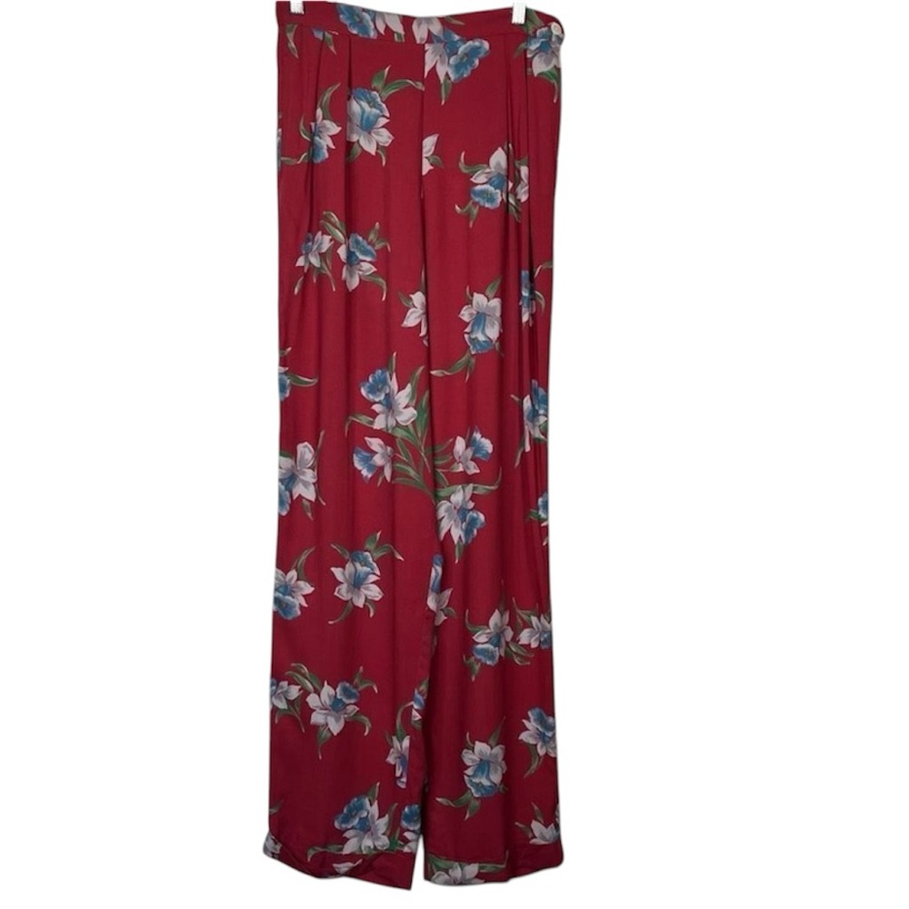 Ralph Lauren Sz 10 Red Floral Flowy Pants Side Button Tall Long Inseam